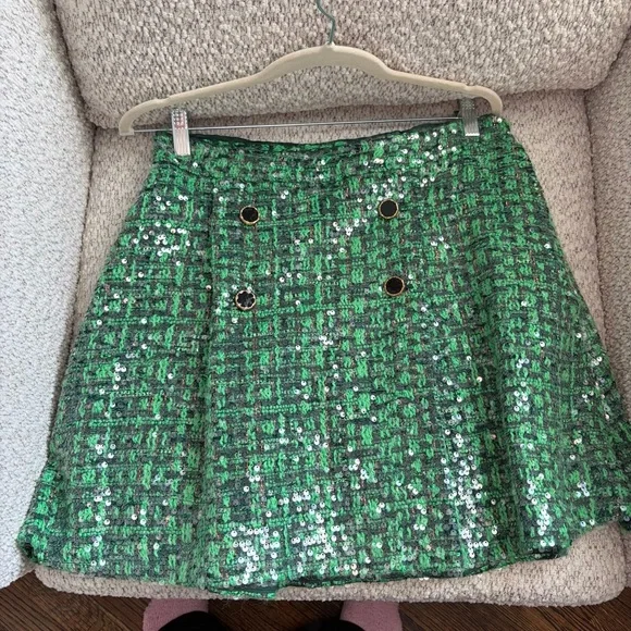 Maeve Anthropologie Emerald Sequin Tweed mini Skirt black buttons - Picture 2 of 5